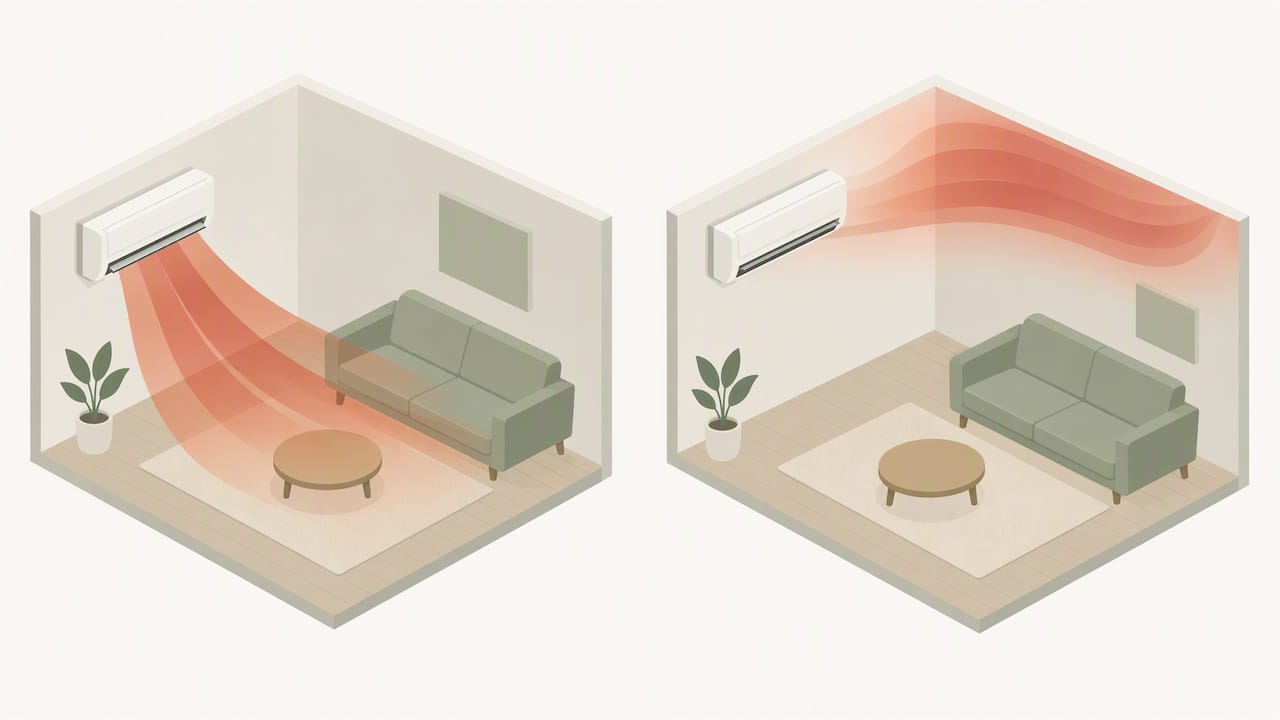 Heat pump airflow directed down into a room