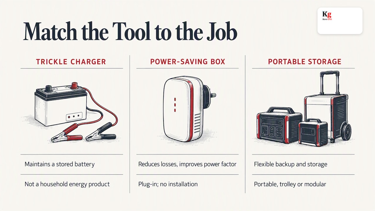 Our perspective: a trickle charger and a home energy product solve different problems — overview diagram