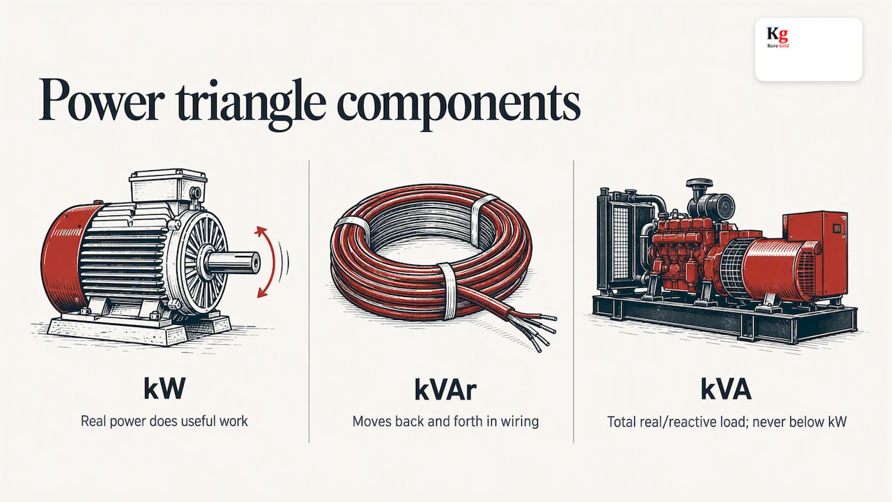 Power triangle linking kW, kVAr and kVA